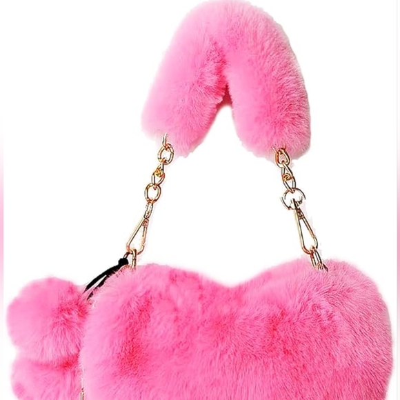 Plush Candy Pink Faux Fur Heart Purse - Picture 2 of 3